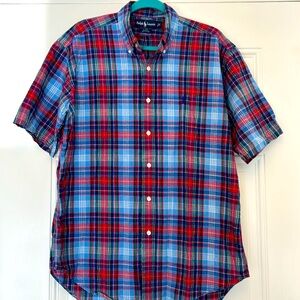 Ralph Lauren men's blue red plaid checked button down camp shirt short sleeve SM